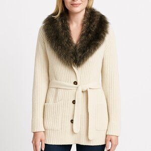Designer Ribbed Knit Cardigan w/ Detachable Faux Fur Collar & Belt Sz L